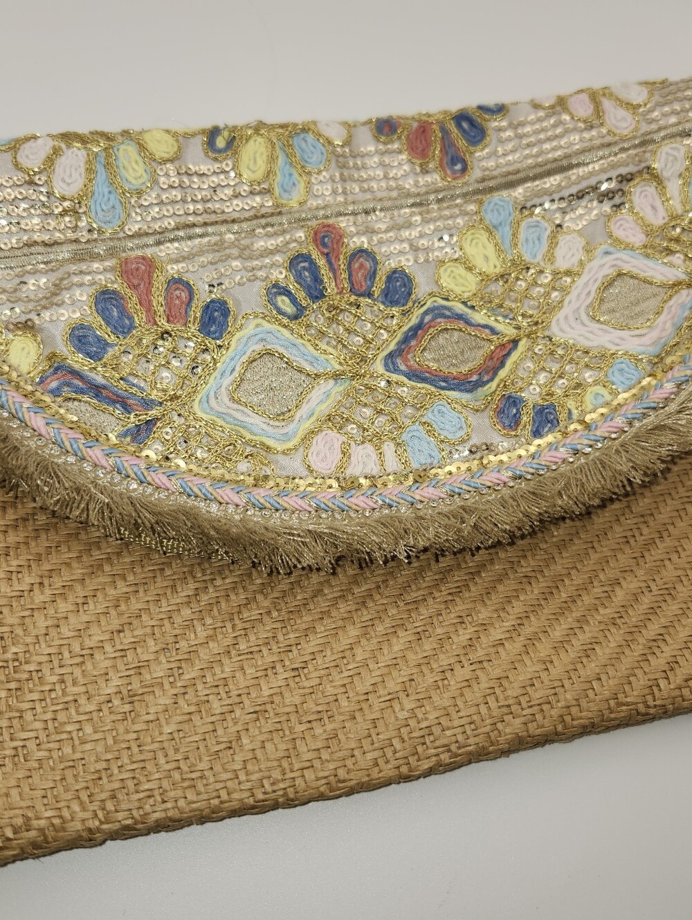 Embroidered Straw Clutch in Tan, Gold, Blue, Pink, Yellow